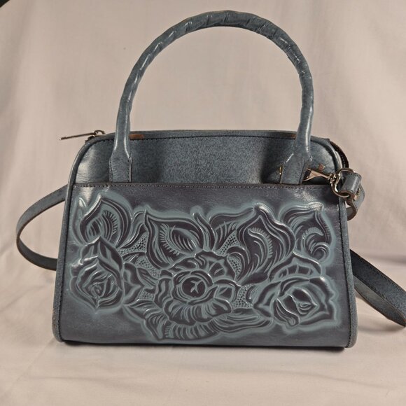 Patricia Nash Blue Leather Embossed Floral Satchel Crossbody Handbag‎ - Picture 1 of 16